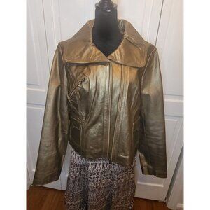 Bronze Metallic Leather Biker Jacket MIXIT L  Zipper Collar Pockets Glam